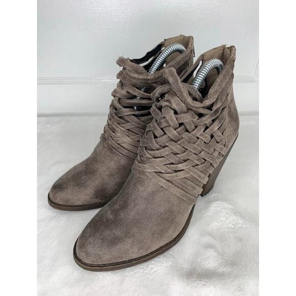 Fergalicious Womens Size 8.5M Braided Ankle Heeled Boots Taupe Faux Suede - Picture 1 of 8